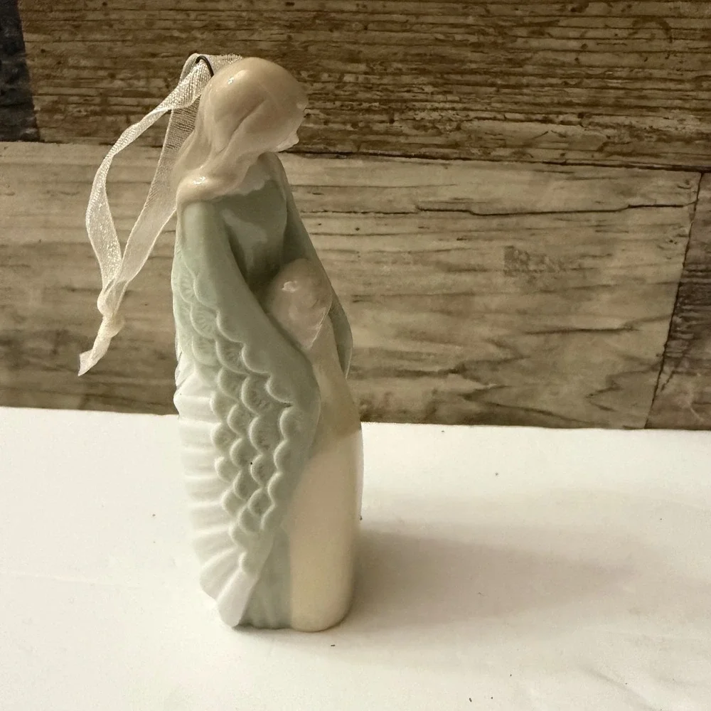 Hallmark 2002 Porcelain Angel with Child Christmas Ornament Vintage Green Cream